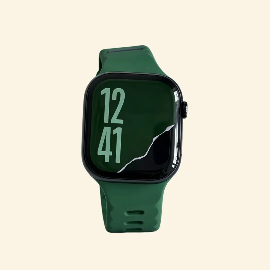 Forest Green Ocean Wave Apple Watch Band — front wrist view on cream background