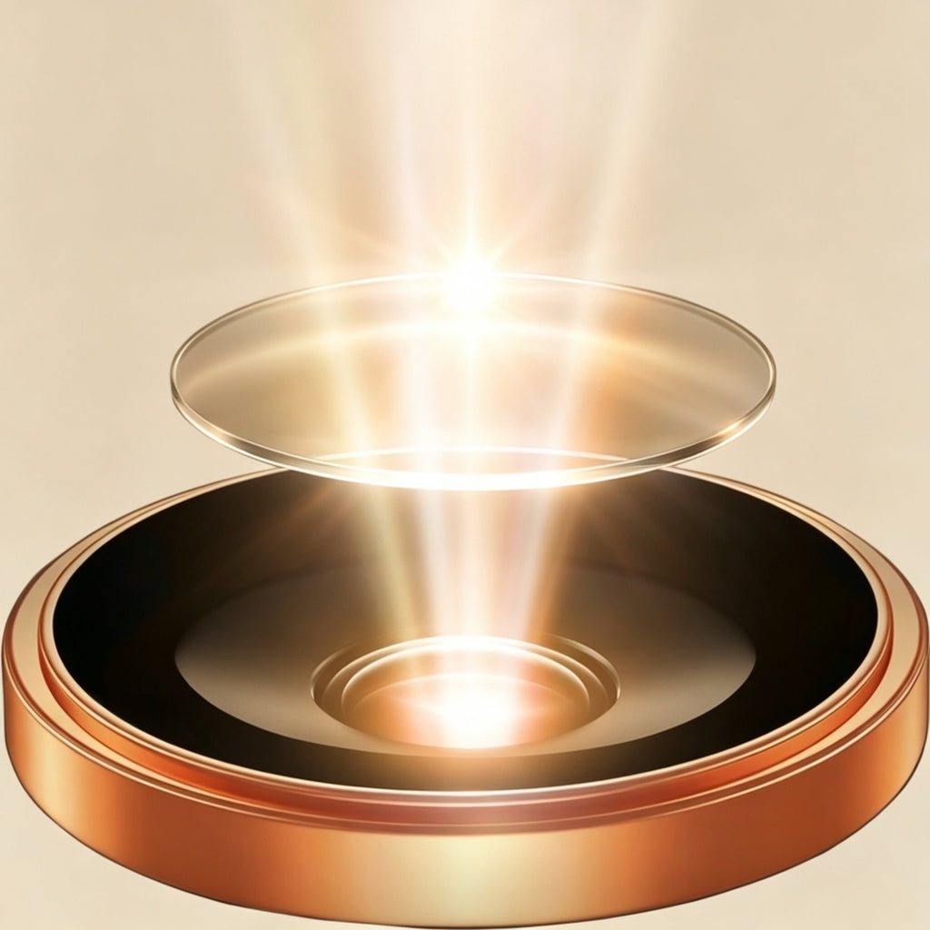 Sapphire glass camera lens protector exploded view — circular sapphire glass disc hovering above rose gold aluminum alloy lens ring with light beam effect, cream background