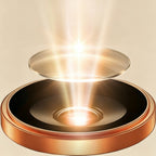 Sapphire glass camera lens protector exploded view — circular sapphire glass disc hovering above rose gold aluminum alloy lens ring with light beam effect, cream background
