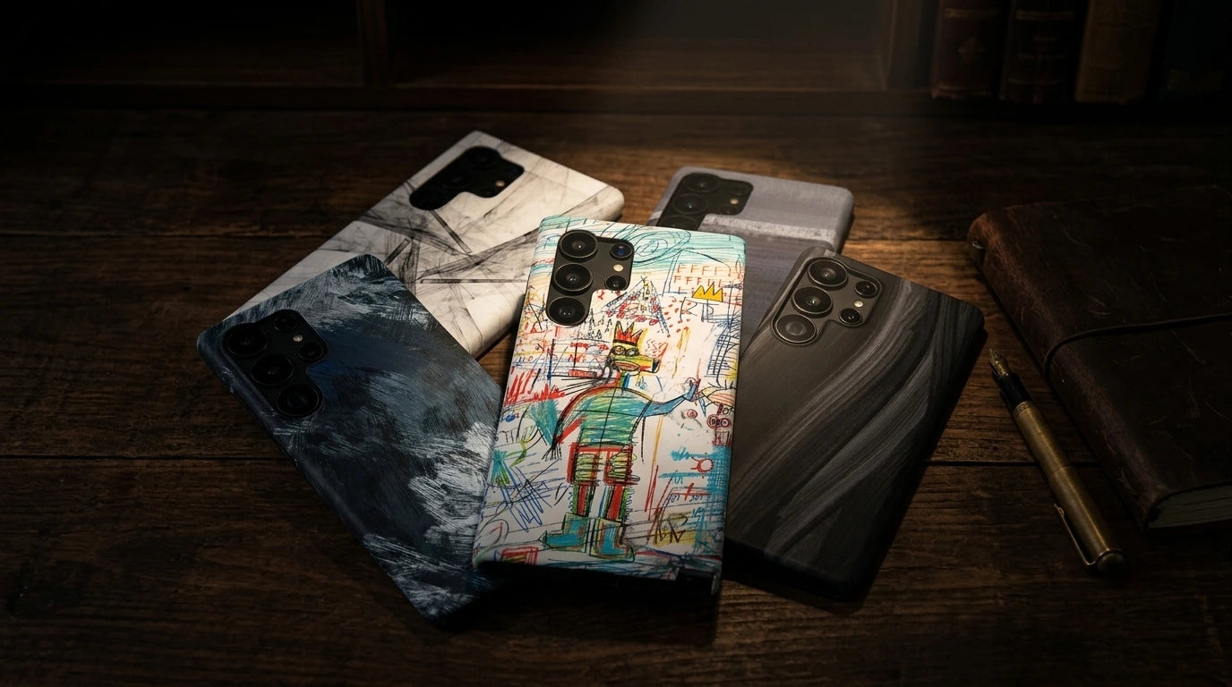 Samsung Galaxy fine art cases with expressionist and abstract artwork on dark wood desk – Carapace Studio