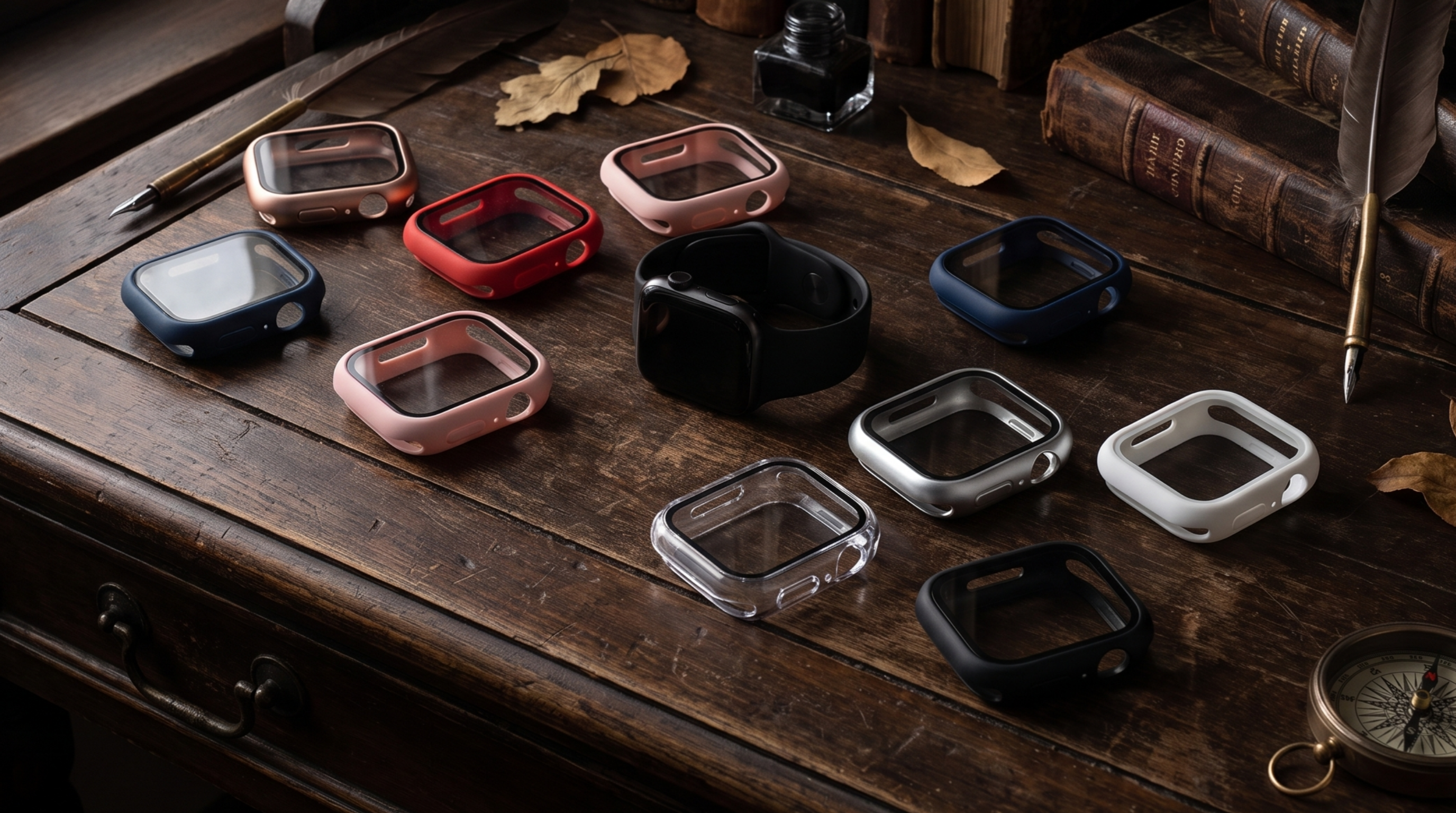 Matte waterproof all-in-one Apple Watch cases in multiple colors on dark academia desk – Carapace Studio