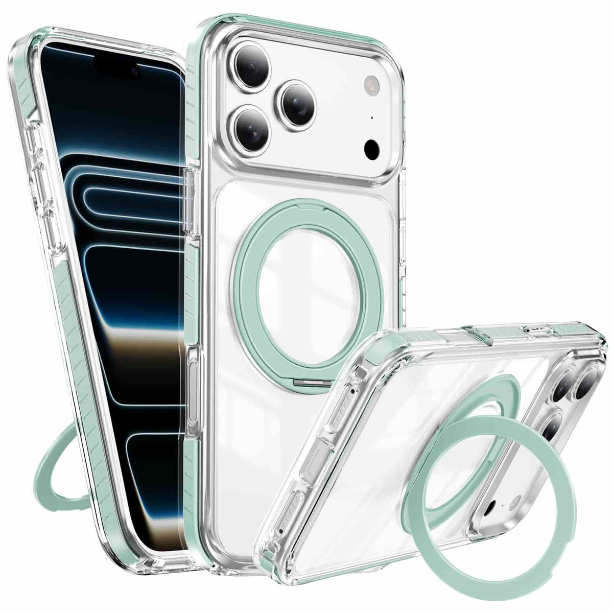 AeroSpin™ 360° Magnetic Invisible Stand Case for iPhone – clear case with mint green MagSafe ring stand shown in multiple angles including landscape stand mode