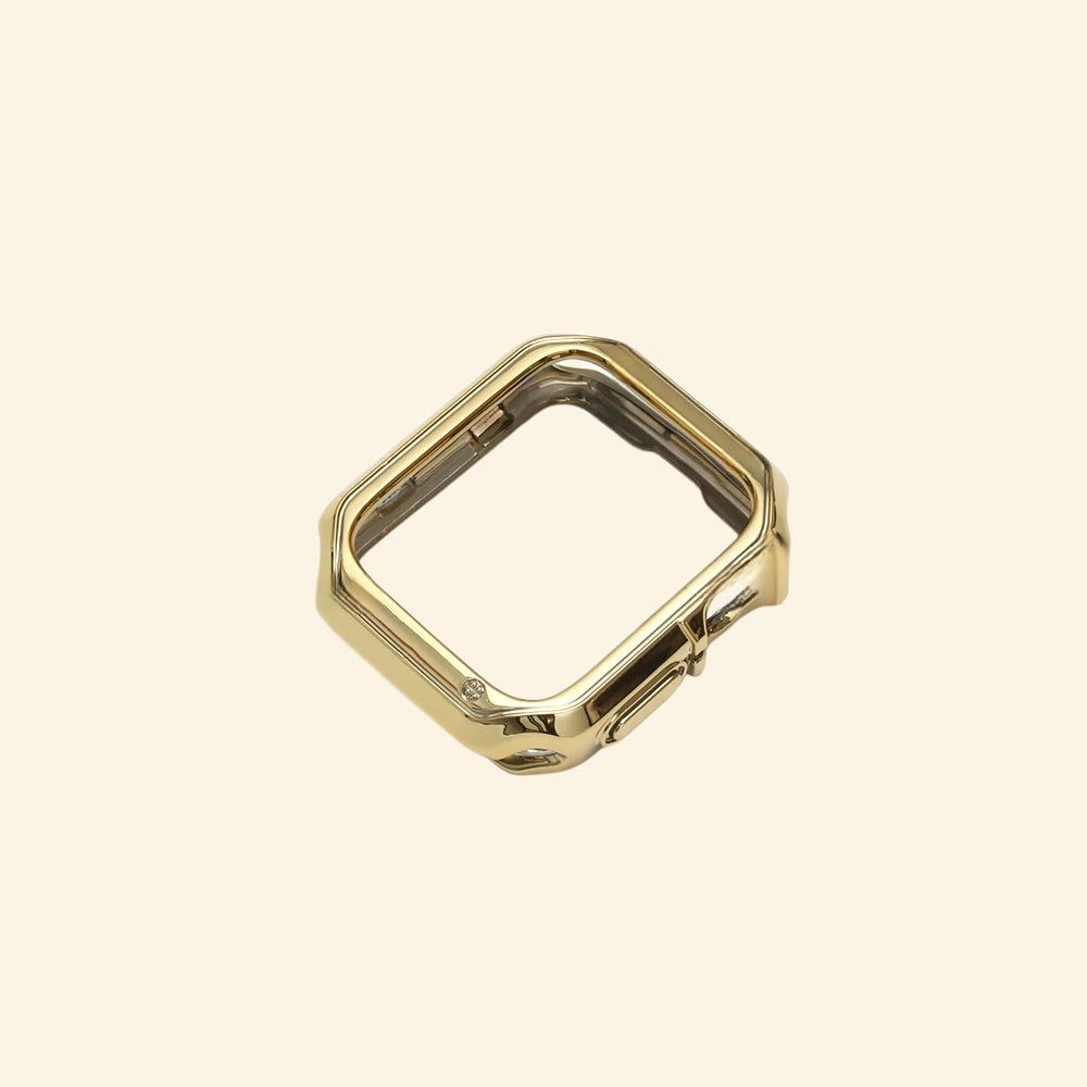 Glossy Champagne Gold Rivet Apple Watch Case — full frame floating view showing rivet corner details, Specimen No. 10542
