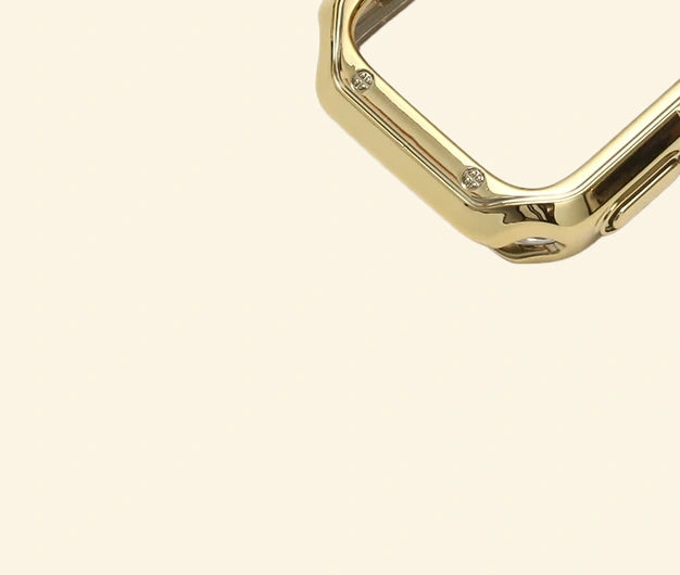 Glossy Champagne Gold Rivet Apple Watch Case — top corner rivet and crown cutout detail, Specimen No. 10542