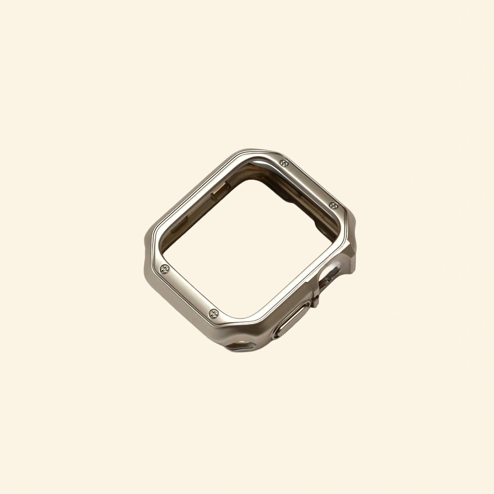 Sleek Silver Rivet Apple Watch Case — full frame floating view showing rivet corner details, Specimen No. 10544