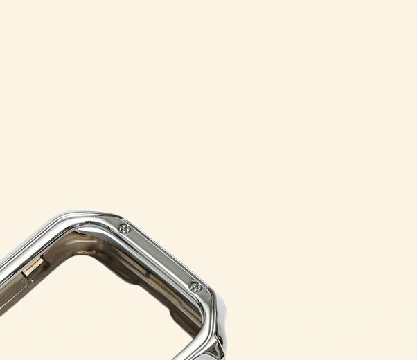 Polished Chrome Silver Rivet Apple Watch Case — angled overhead view showing rivet corners, Specimen No. 10545