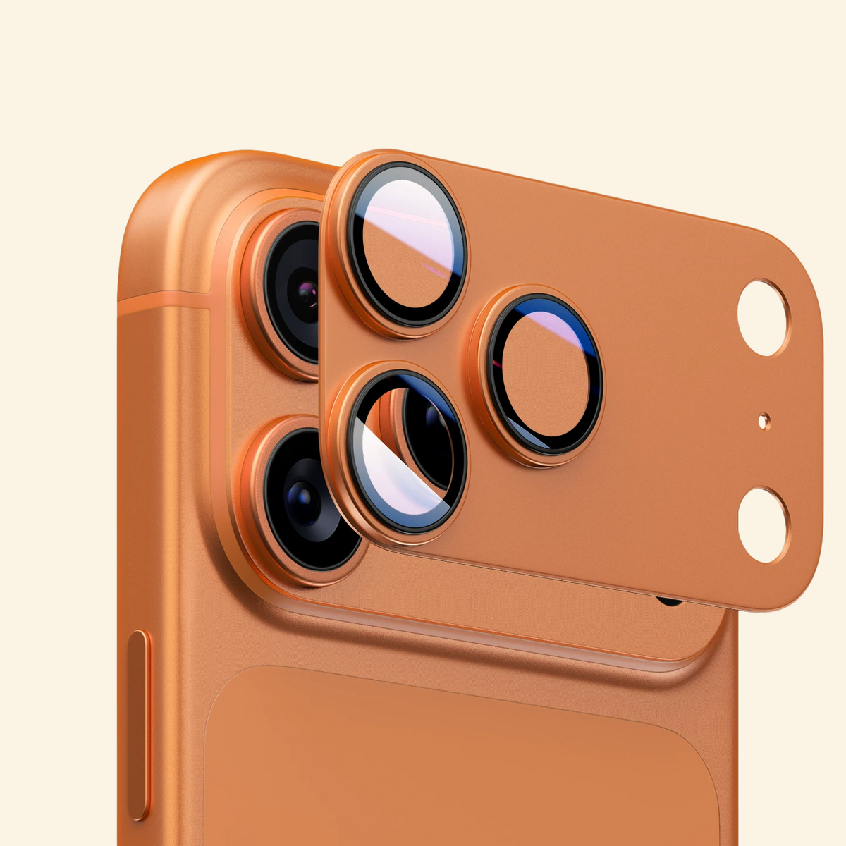 Rose gold metallic camera lens protector plate on iPhone — angled close-up showing aviation alloy plate with individual lens ring cutouts installed over triple-lens camera module, AR-coated glass visible on two lenses, cream background