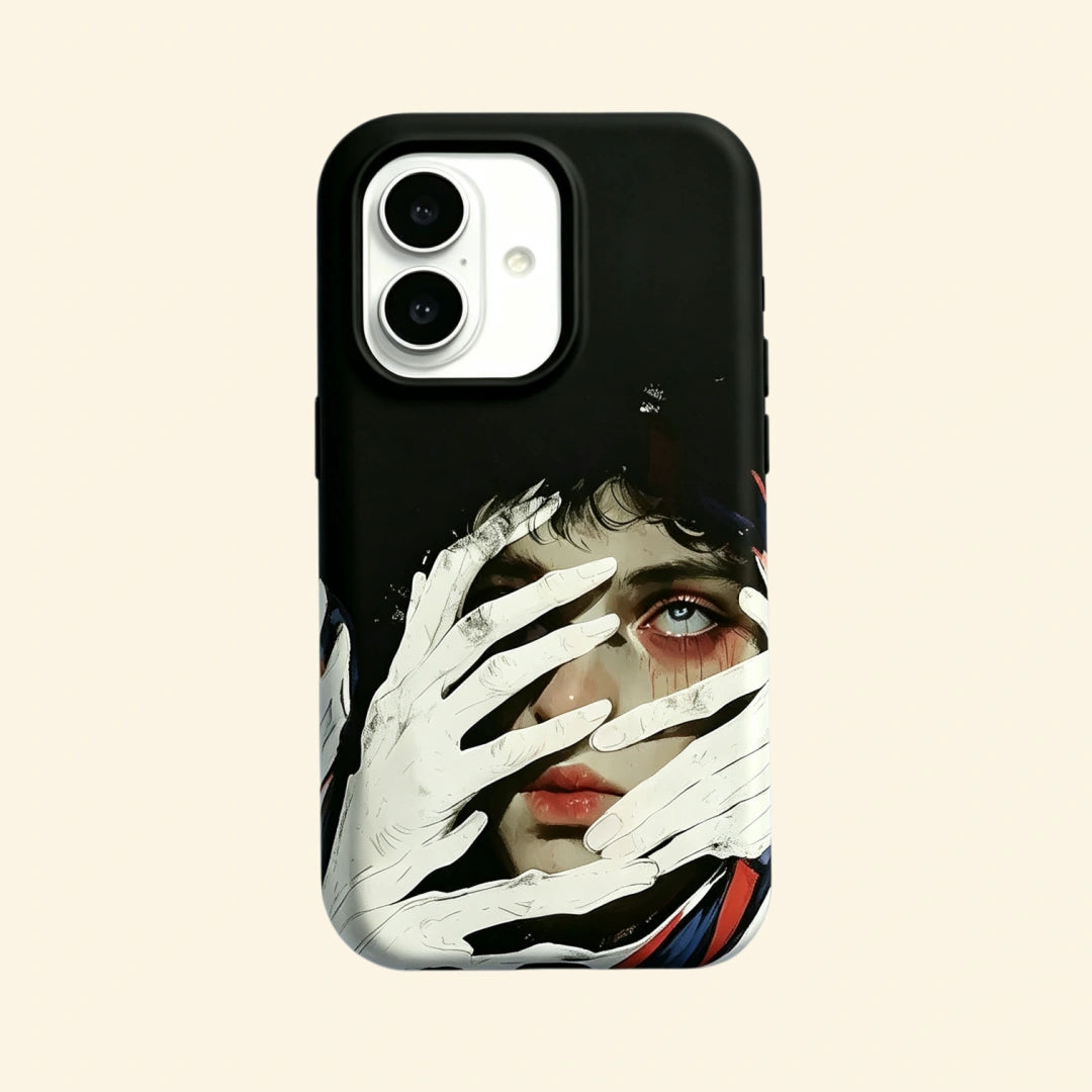 The Silent Gaze – Surreal Pale Hands & Blue Eye Portrait Fine Art iPhone Case